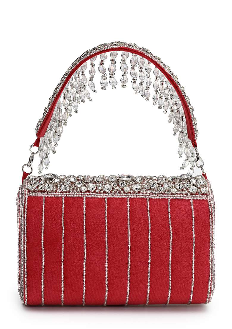 Deep Pink Fuchsia And Silver Beadwork Suede Clutch - Indya