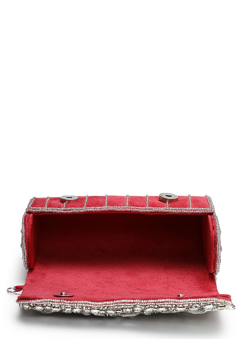 Deep Pink Fuchsia And Silver Beadwork Suede Clutch - Indya