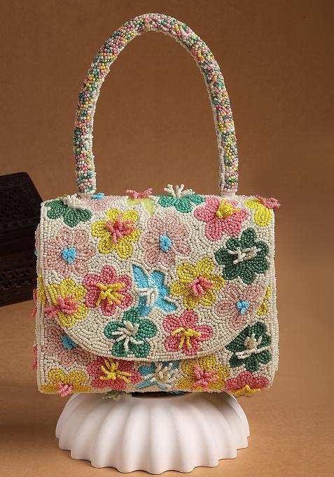 Multicolor Floral Motif Beaded Canvas Clutch