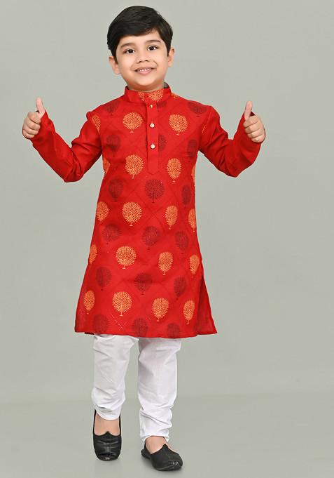 Red Printed Kurta With Pajama ( Set of 2)