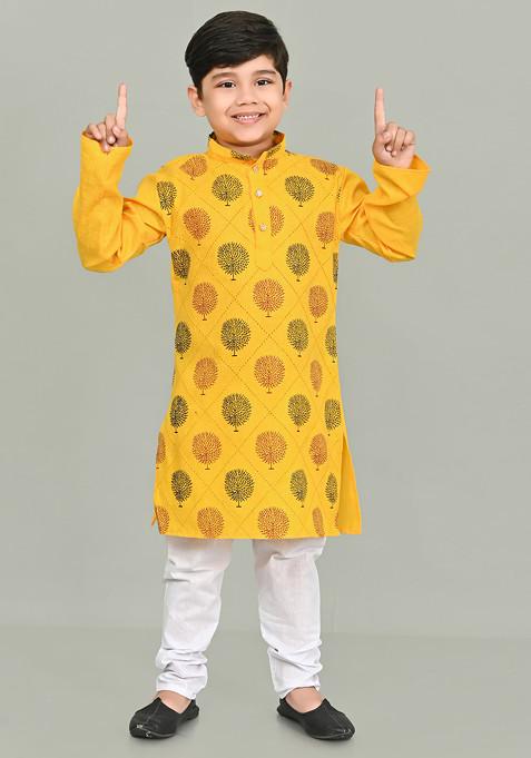 Yellow Printed Kurta With Pajama ( Set of 2)