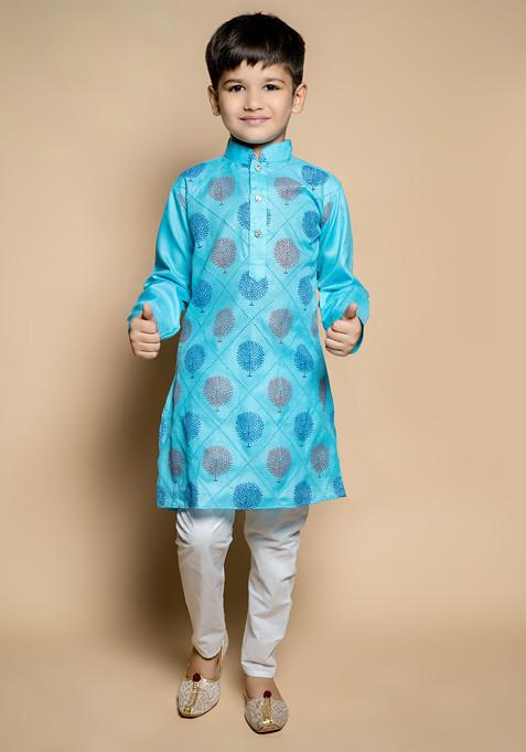 Sky Blue Printed Kurta With Pajama ( Set of 2)