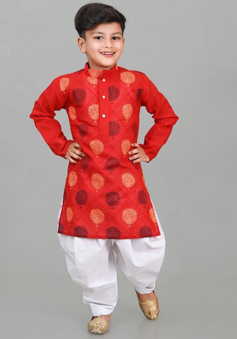 Red Printed Kurta With Patiala ( Set of 2)