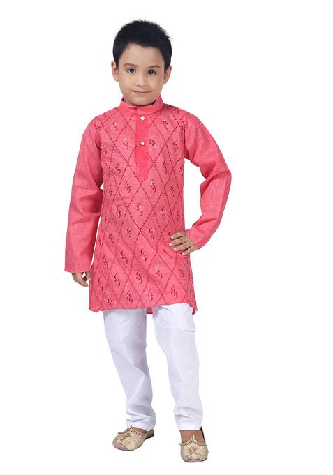 Tomato Orange Embroidered Kurta With Pajama ( Set of 2)