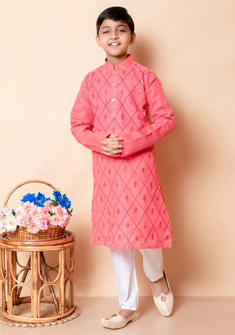 Tomato Orange Embroidered Kurta With Pajama ( Set of 2)