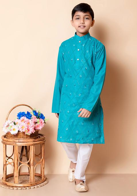 Rama Green Embroidered Kurta With Pajama ( Set of 2)