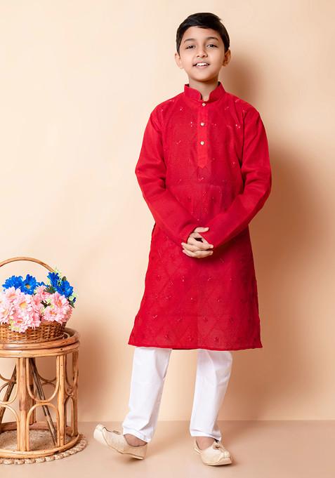 Red Embroidered Kurta With Pajama ( Set of 2)