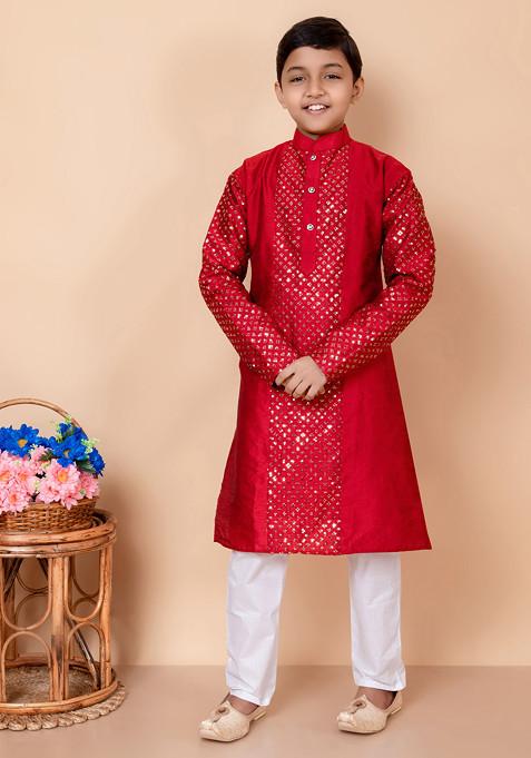 Maroon Sequin Embroidered Kurta With Pajama ( Set of 2)