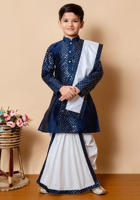 Navy Blue Sequin Embroidered Kurta With Dhoti Pants ( Set of 2)