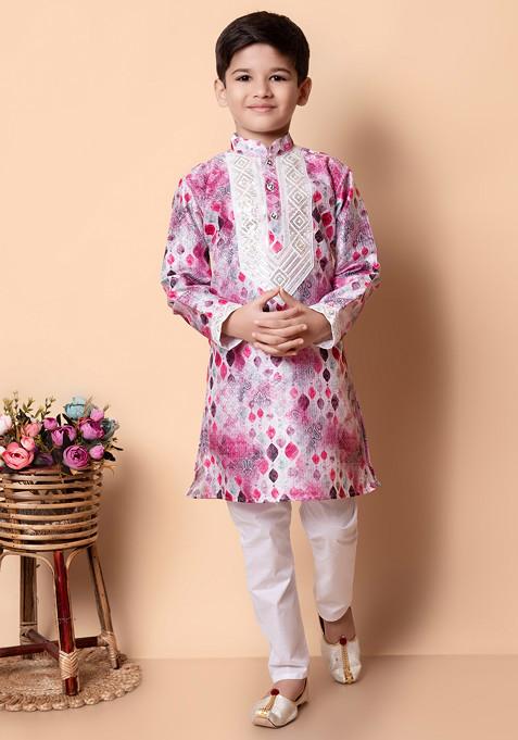 Pink Printed Sequin Embroidered Kurta With Pajama ( Set of 2)