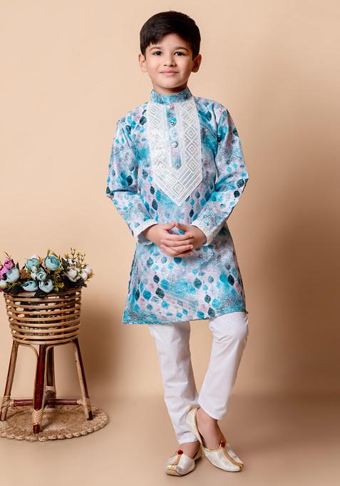 Blue Printed Sequin Embroidered Kurta With Pajama ( Set of 2)