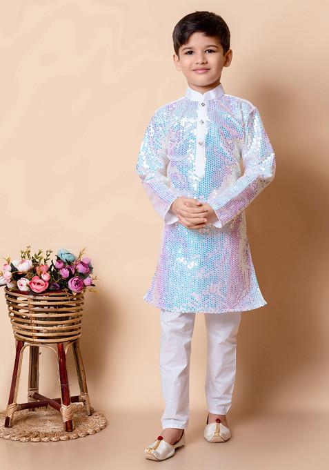 White Sequin Embroidered Kurta With Pajama ( Set of 2)