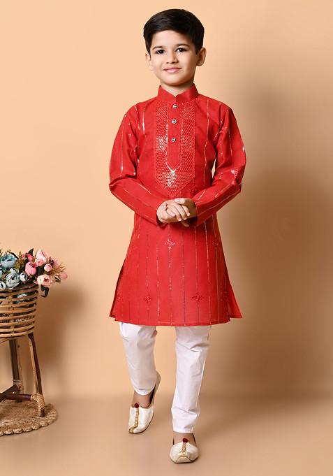 Red Sequin Embroidered Kurta With Pajama ( Set of 2)