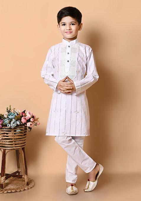 White Sequin Embroidered Kurta With Pajama ( Set of 2)