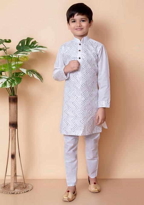 White Sequin Embroidered Kurta With Pajama ( Set of 2)