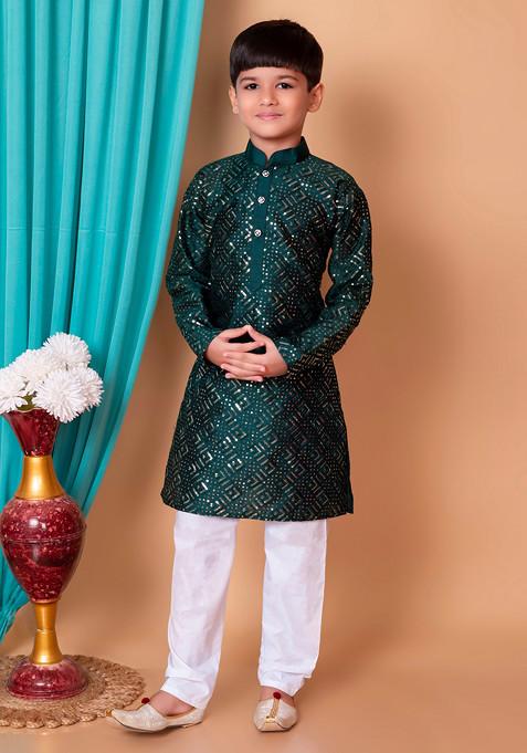 Bottle Green Sequin Embroidered Kurta With Pajama ( Set of 2)