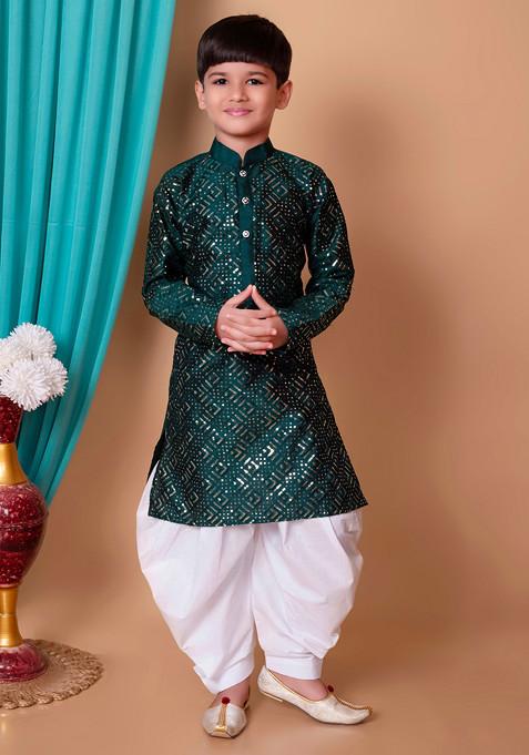 Bottle Green Sequin Embroidered Kurta With Patiala ( Set of 2)