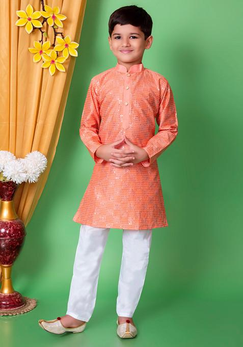 Peach Sequin Embroidered Kurta With Pajama ( Set of 2)