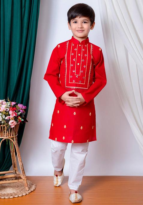 Red Embroidered Kurta With Pajama ( Set of 2)