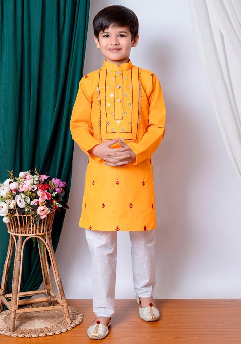 Yellow Embroidered Kurta With Pajama ( Set of 2)