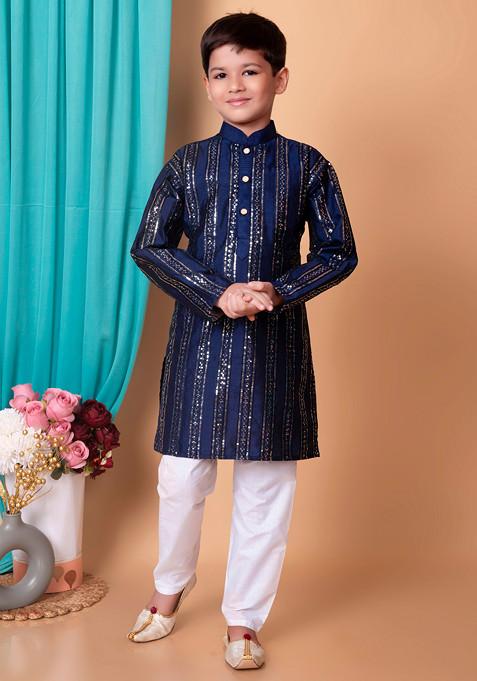 Navy Blue Sequin Embroidered Kurta With Pajama ( Set of 2)