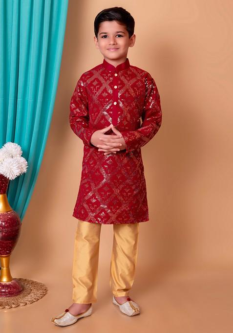 Maroon Sequin Embroidered Kurta With Pajama ( Set of 2)