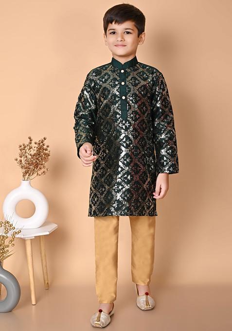 Bottle Green Sequin Embroidered Kurta With Pajama ( Set of 2)