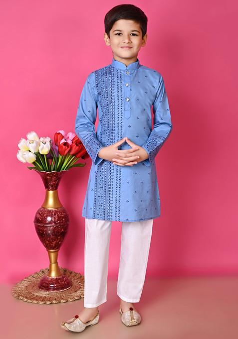 Blue Printed Kurta With Pajama ( Set of 2)