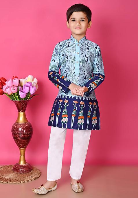 Blue Printed Kurta With Pajama ( Set of 2)