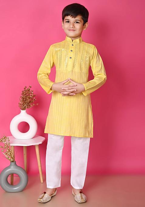 Yellow Sequin Embroidered Kurta With Pajama ( Set of 2)