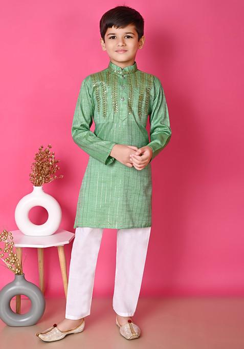 Light Green Sequin Embroidered Kurta With Pajama ( Set of 2)