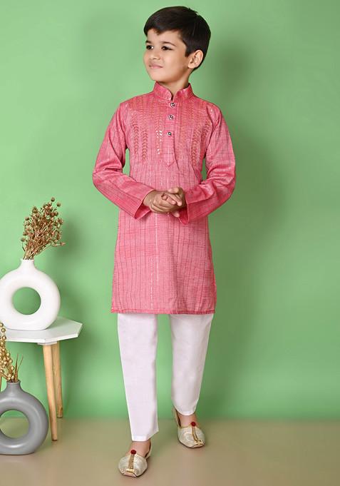 Tomato Orange Sequin Embroidered Kurta With Pajama ( Set of 2)