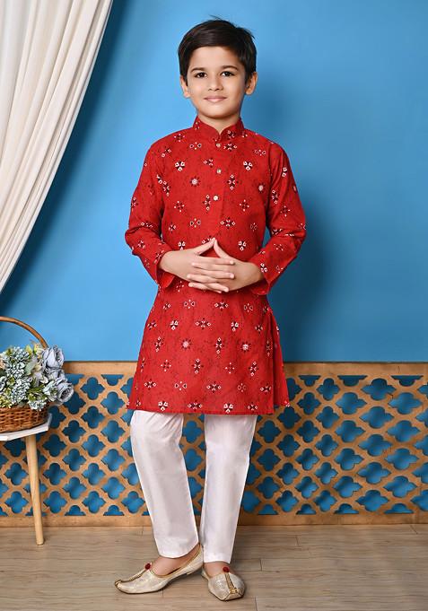 Red Printed Kurta With Pajama ( Set of 2)