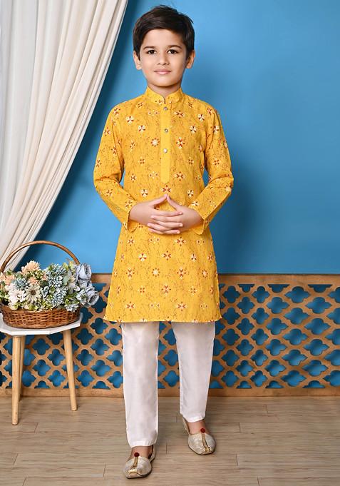 Yellow Printed Kurta With Pajama ( Set of 2)