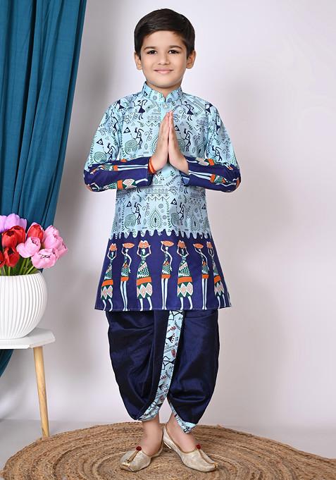 Blue Printed Kurta With Dhoti Pants ( Set of 2)