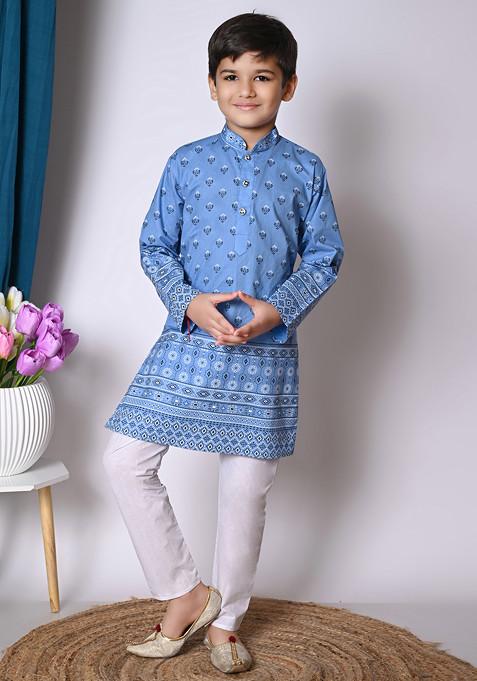 Blue Printed Kurta With Pajama ( Set of 2)