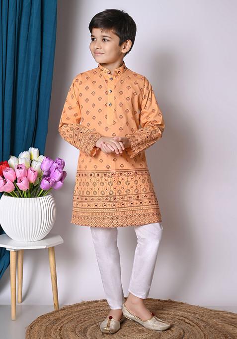 Peach Printed Kurta With Pajama ( Set of 2)