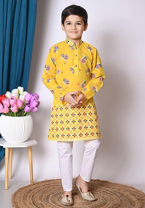 Yellow Printed Kurta With Pajama ( Set of 2)