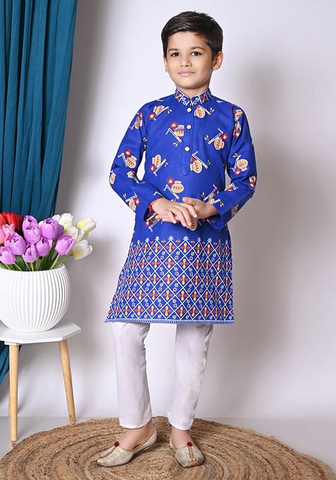 Blue Printed Kurta With Pajama ( Set of 2)