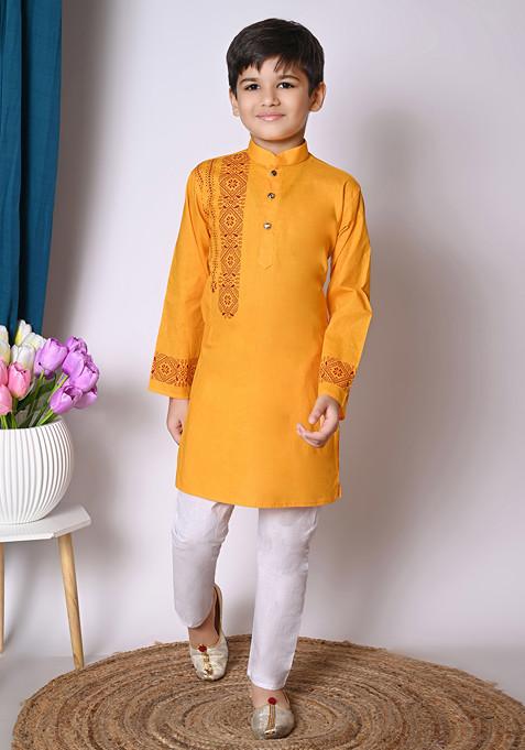 Yellow Printed Kurta With Pajama ( Set of 2)