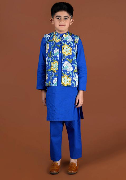 Royal Blue Printed Nehru Jacket With Kurta And Pants (Set of 3)