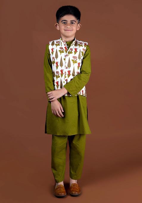 Olive Printed Nehru Jacket With Kurta And Pants (Set of 3)