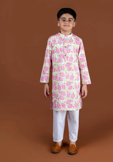 Pink Printed Kurta With Pants (Set of 2)