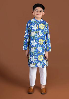 Royal Blue Printed Kurta With Pajama (Set of 2)
