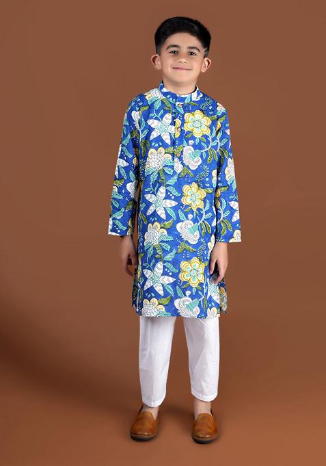 Royal Blue Printed Kurta With Pajama (Set of 2)