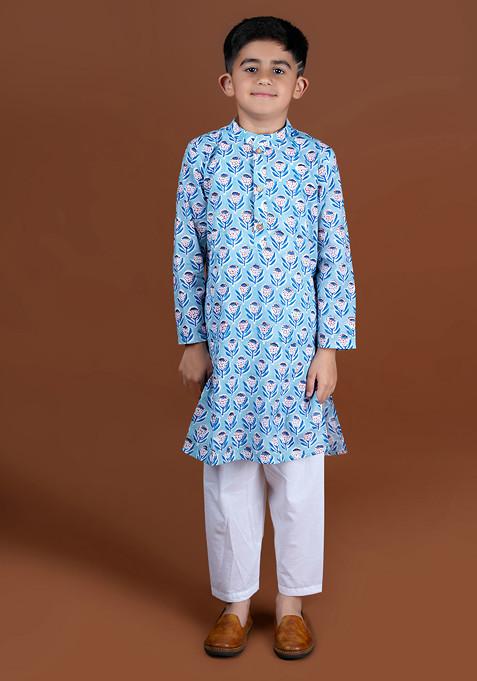 Blue Printed Kurta With Pajama (Set of 2)