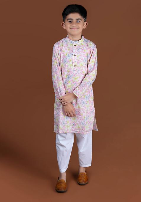 Pink Floral Print Kurta With Pajama (Set of 2)