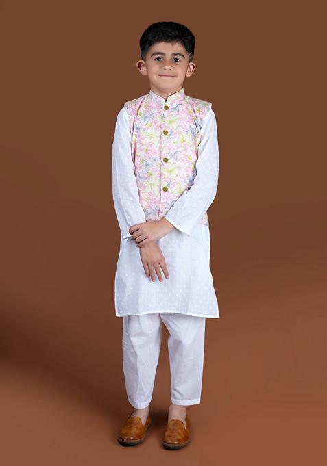 White Floral Print Nehru Jacket With Kurta And Pants (Set of 3)