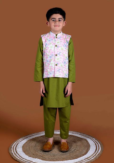 Olive Floral Print Jacket With Kurta And Pants (Set of 3)