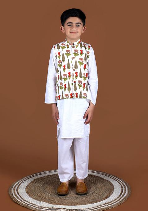 Multicolour Floral Print Nehru Jacket With Kurta And Pants (Set of 3)